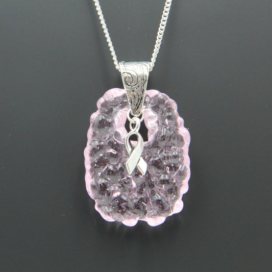 Pink Glass Pendant with Ribbon Charm on Silver Chain - Breast Cancer Awareness