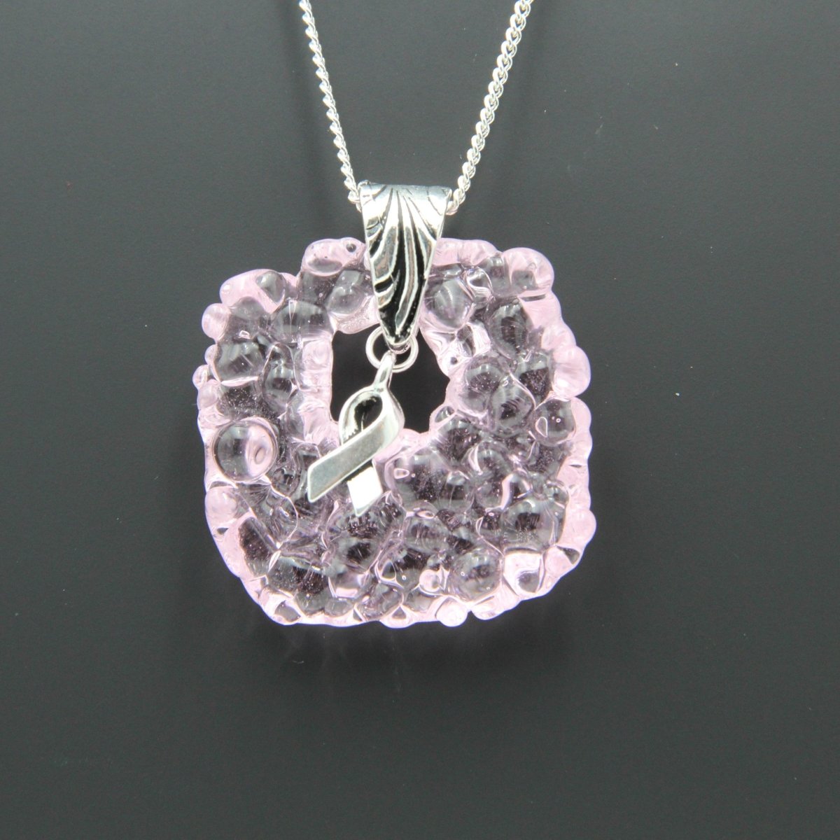 Pink Glass Pendant with Ribbon Charm on Silver Chain - Breast Cancer Awareness