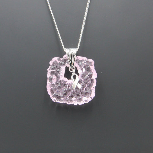 Pink Glass Pendant with Ribbon Charm on Silver Chain - Breast Cancer Awareness