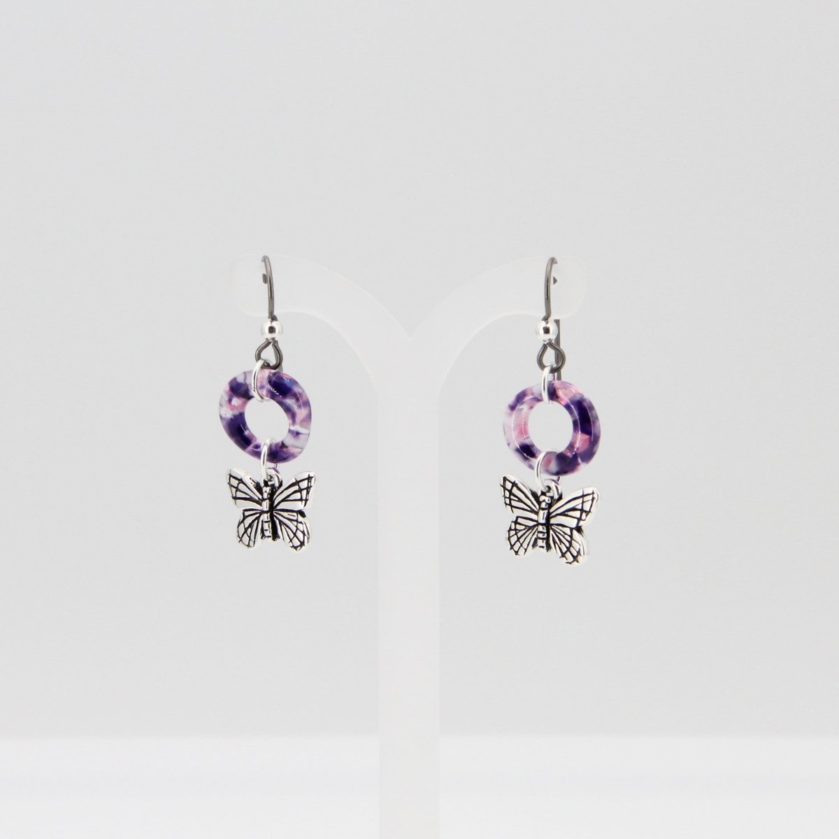 Purple Glass Earrings with Butterfly Charms