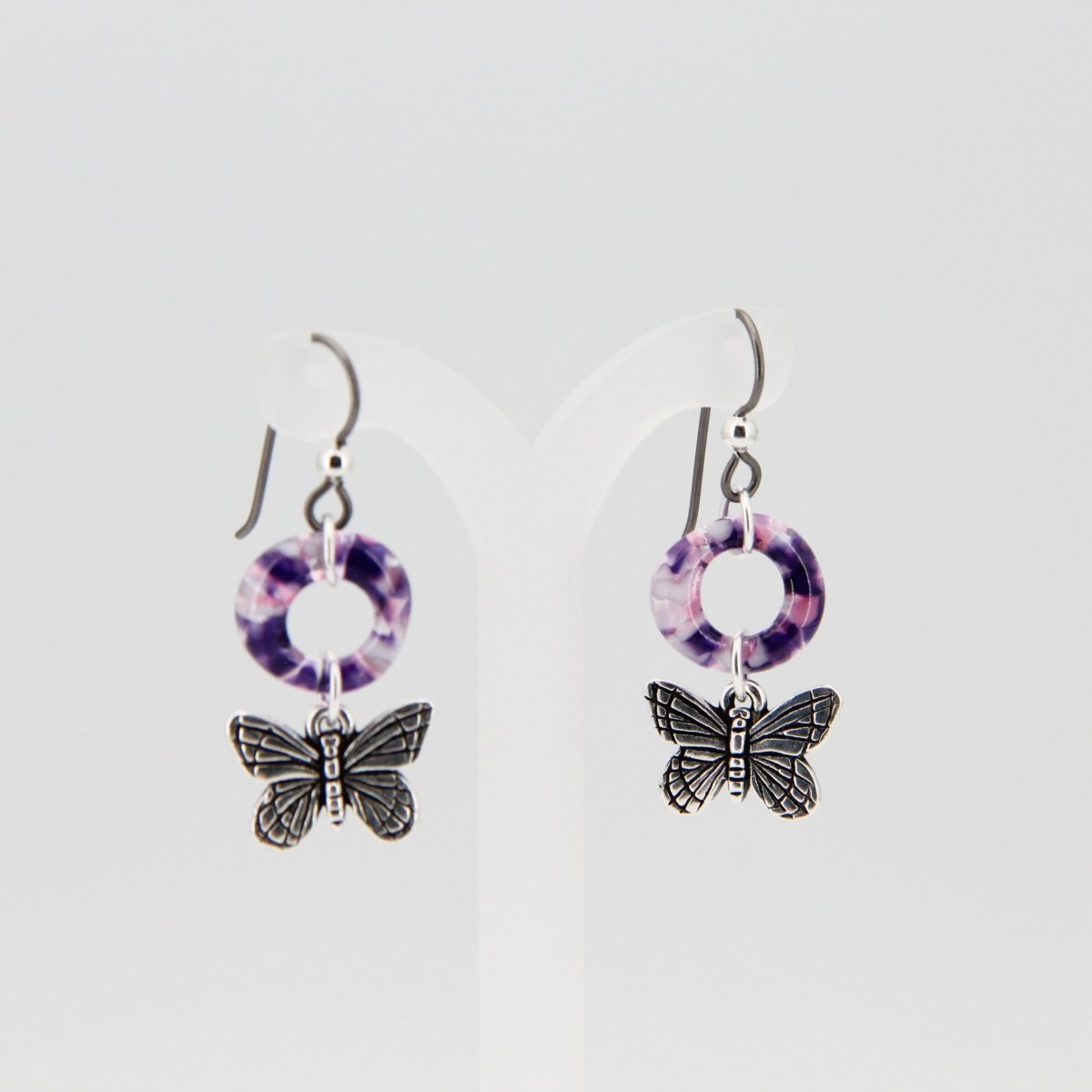 Purple Glass Earrings with Butterfly Charms