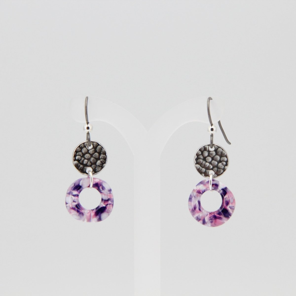 Purple Glass Earrings with Circle Charms