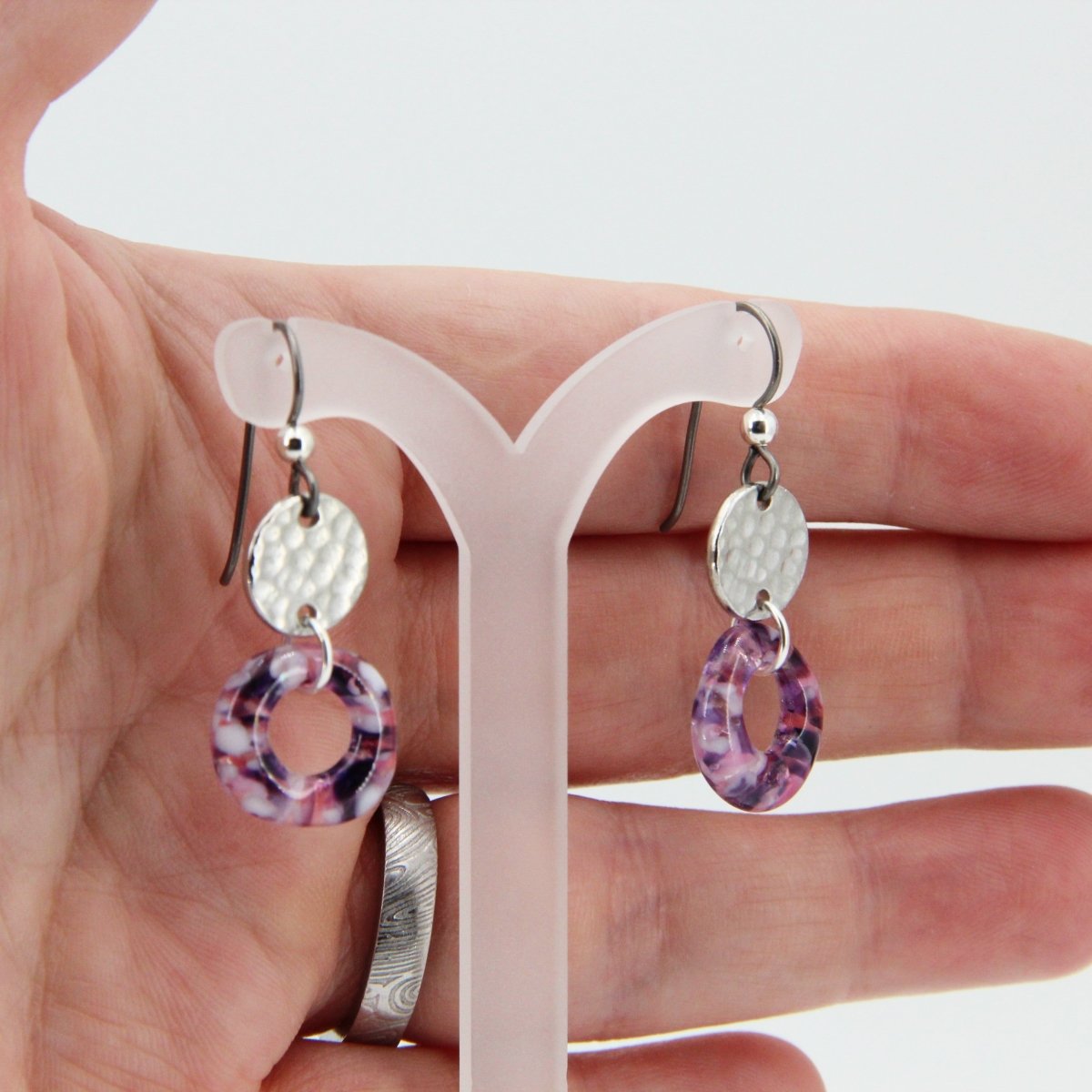 Purple Glass Earrings with Circle Charms