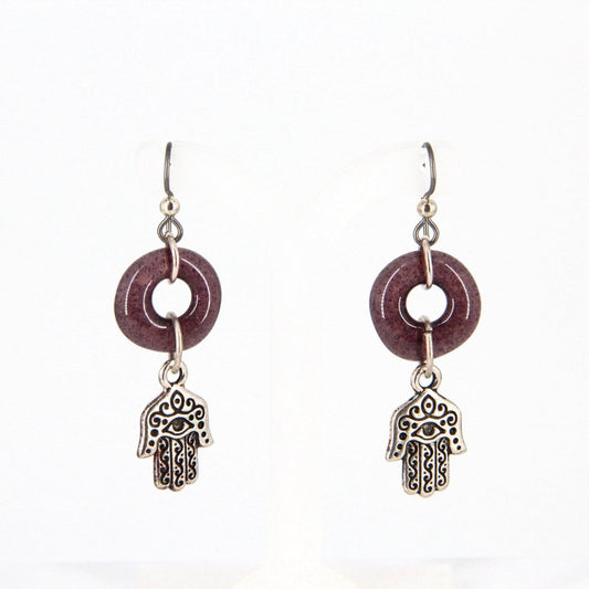 Purple Recycled Glass Earrings with Hamsa Hand Charm