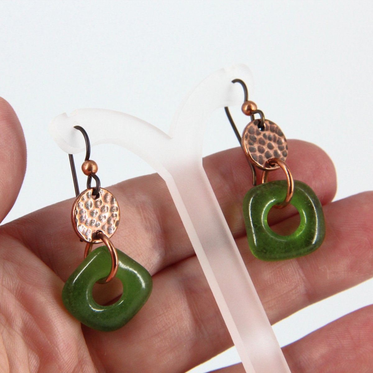 Recycled Green Glass and Copper Earrings