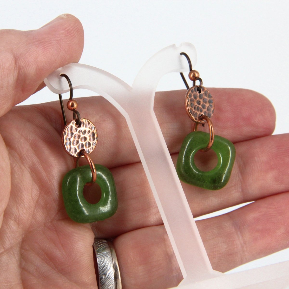 Recycled Green Glass Dangle Earrings With Copper Charms