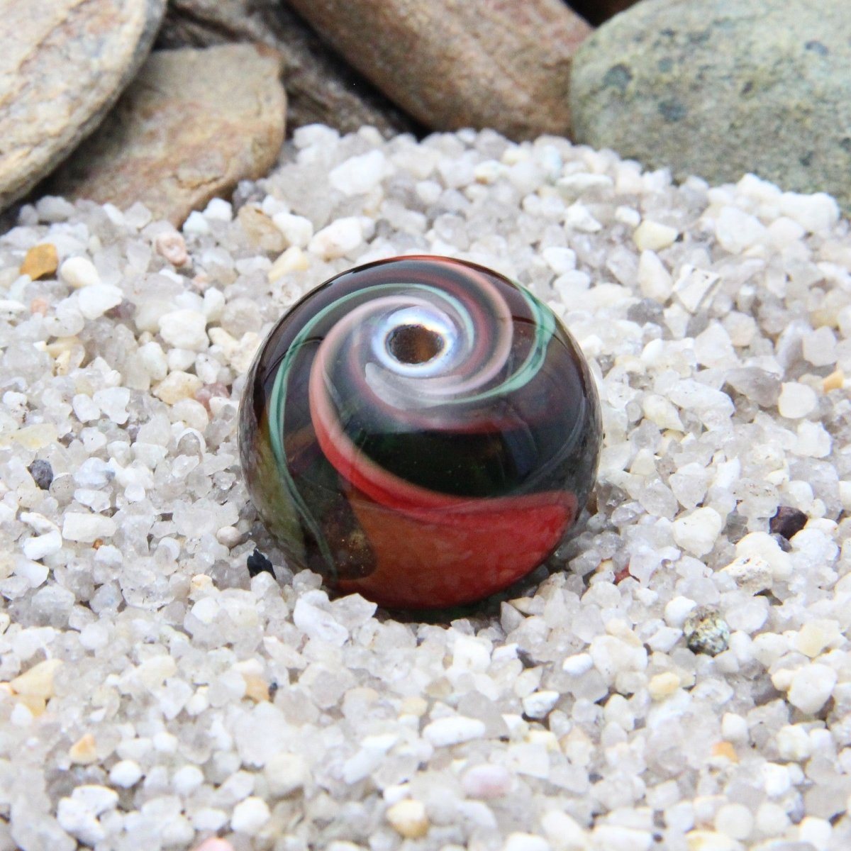 Red and Green Striped Statement Bead - Handmade Glass Lampwork, Unique Focal Bead for Pendant, Suncatcher, or Home Decorating