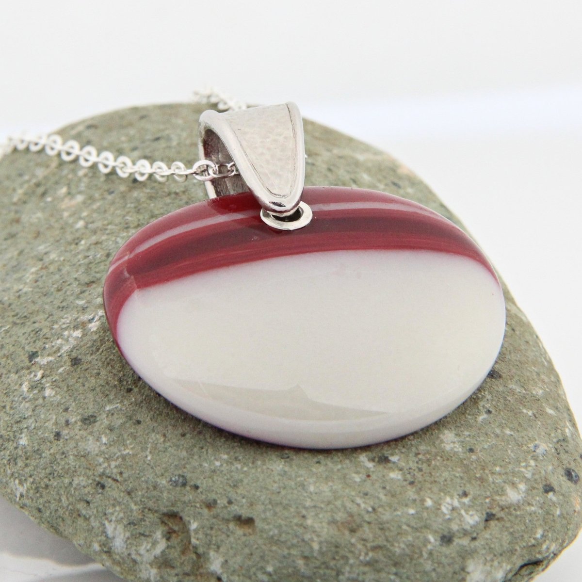 Red and Ivory Glass Pendant with Silver Accents, Handmade Unique Glass Jewelry, Gift for Art Lover