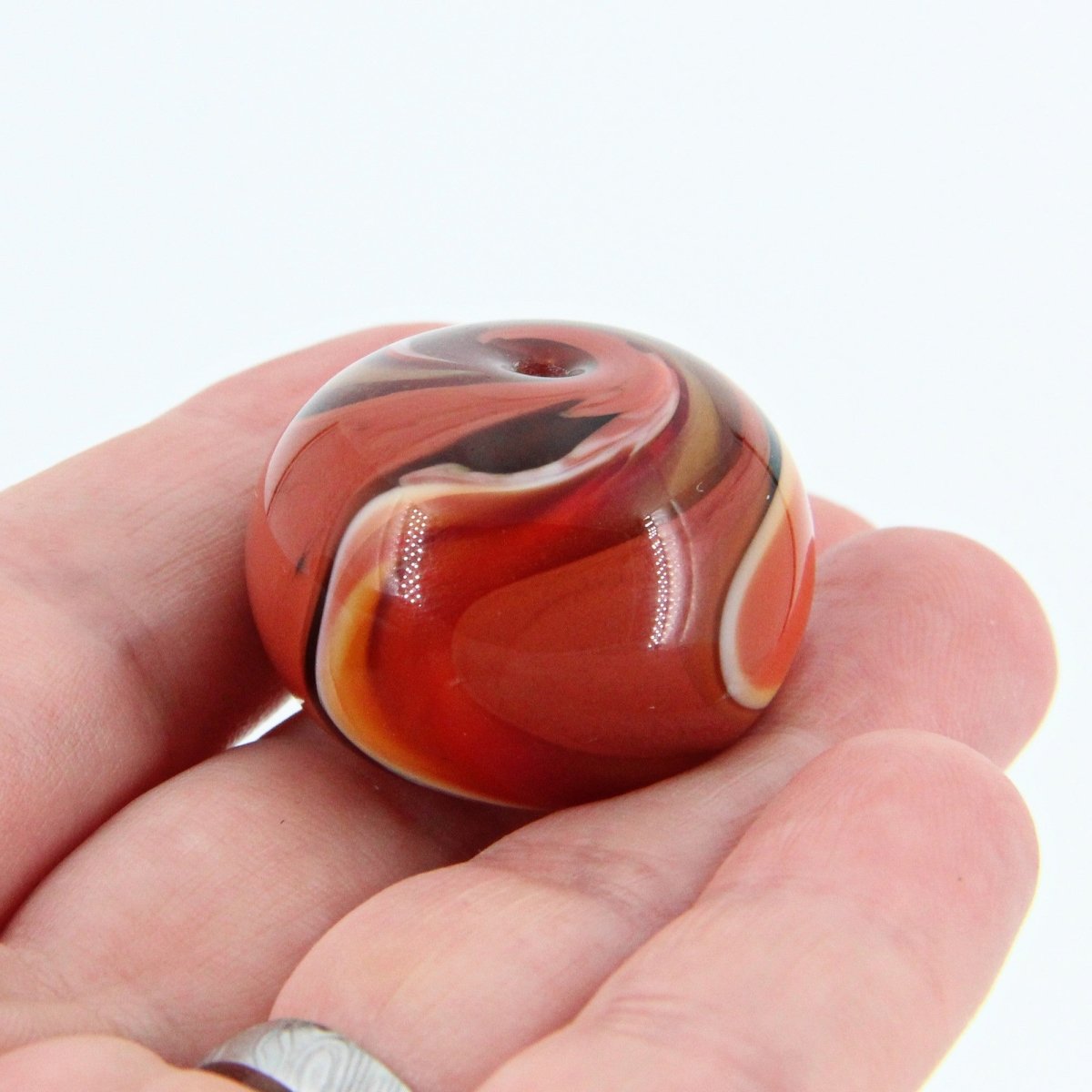 Red and Orange Striped Statement Bead - Handmade Glass Lampwork, Unique Focal Bead for Pendant, Suncatcher, or Home Decorating