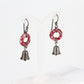 Red and White Glass Dangle Earrings with Bell Charm