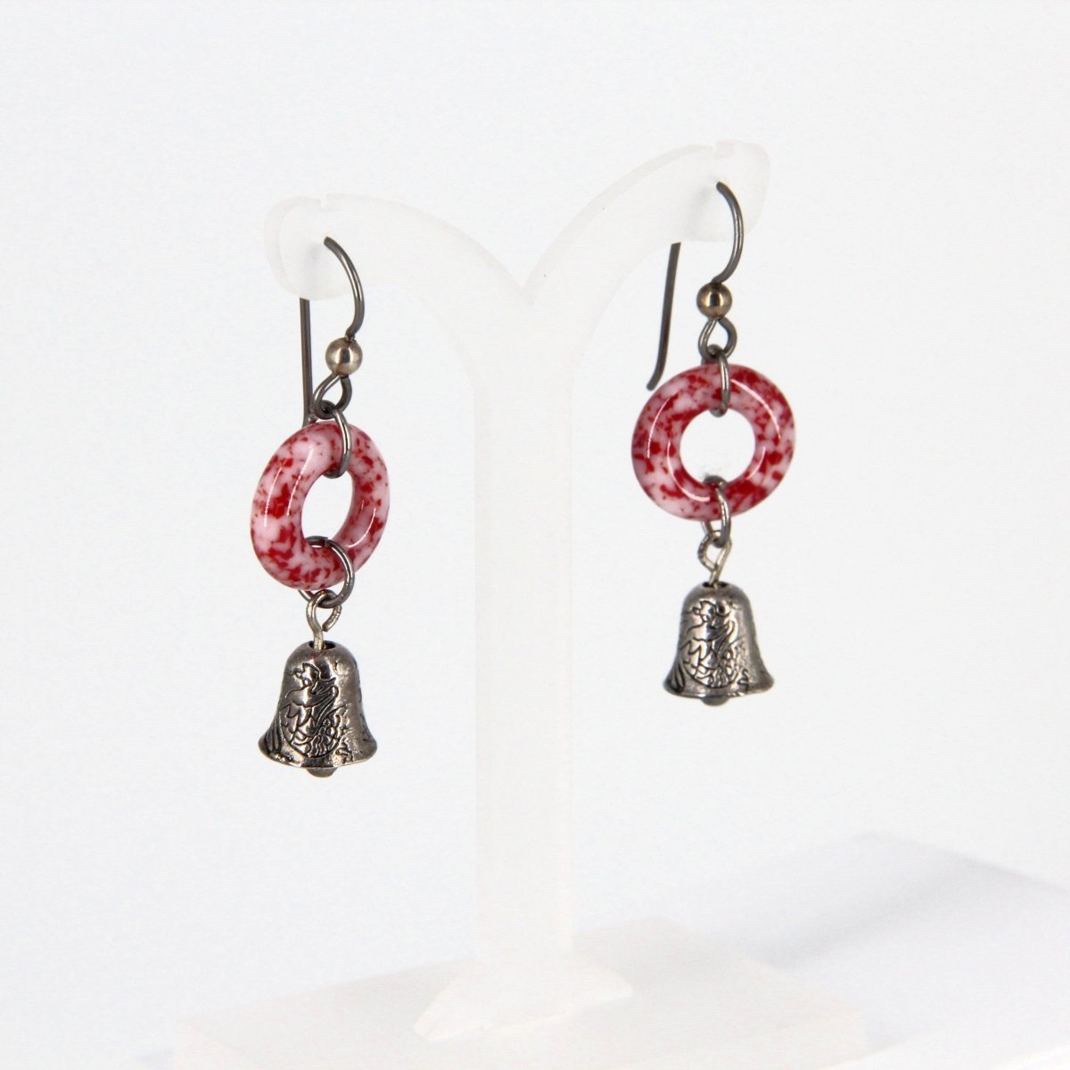 Red and White Glass Dangle Earrings with Bell Charm