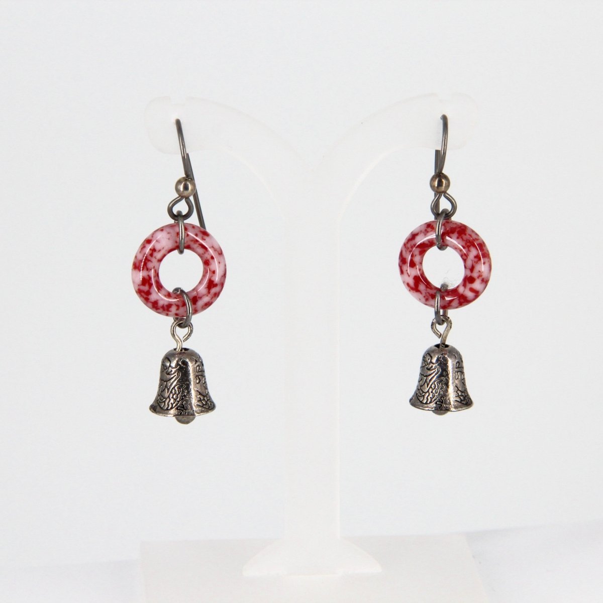 Red and White Glass Dangle Earrings with Bell Charm