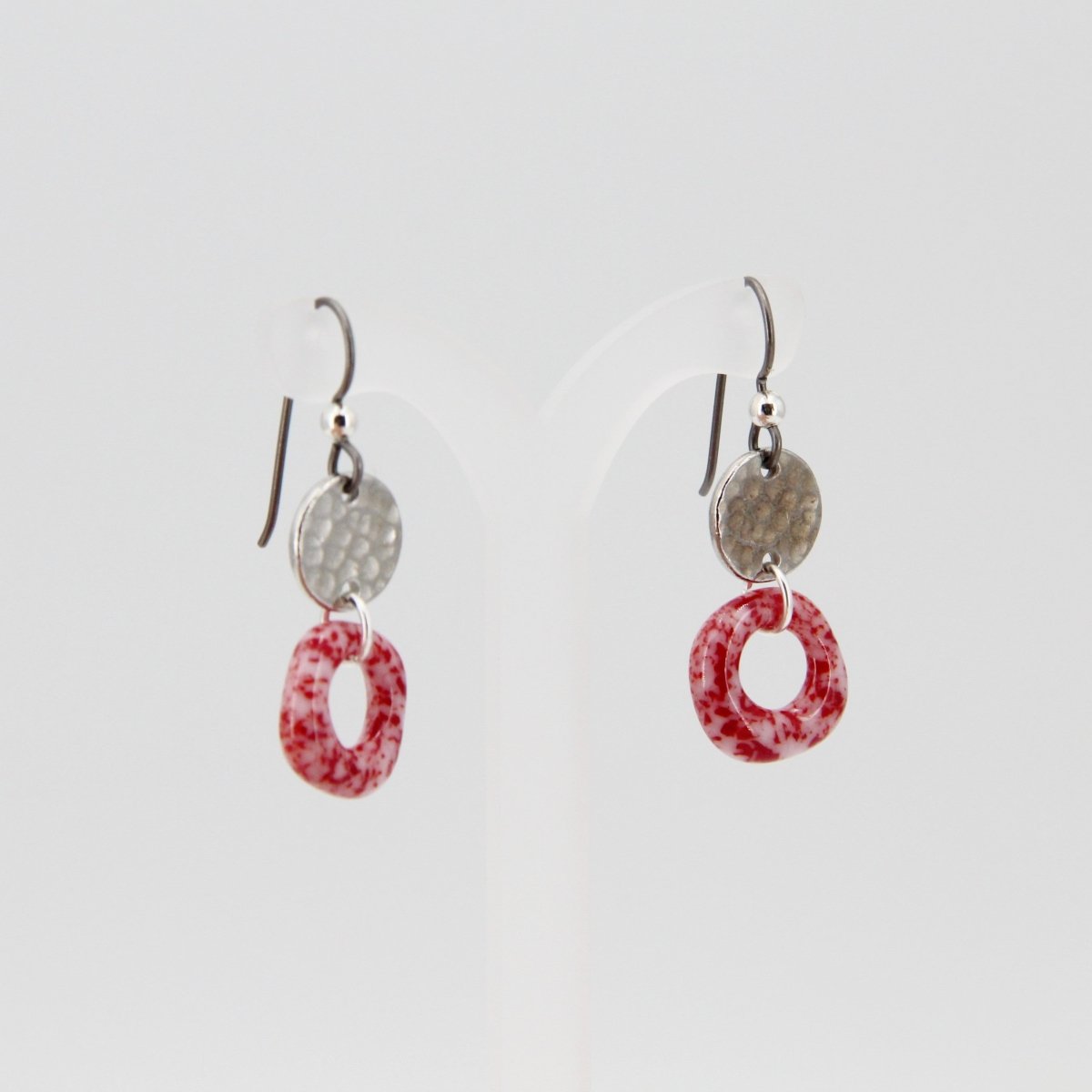 Red and White Glass Earrings with Circle Charms