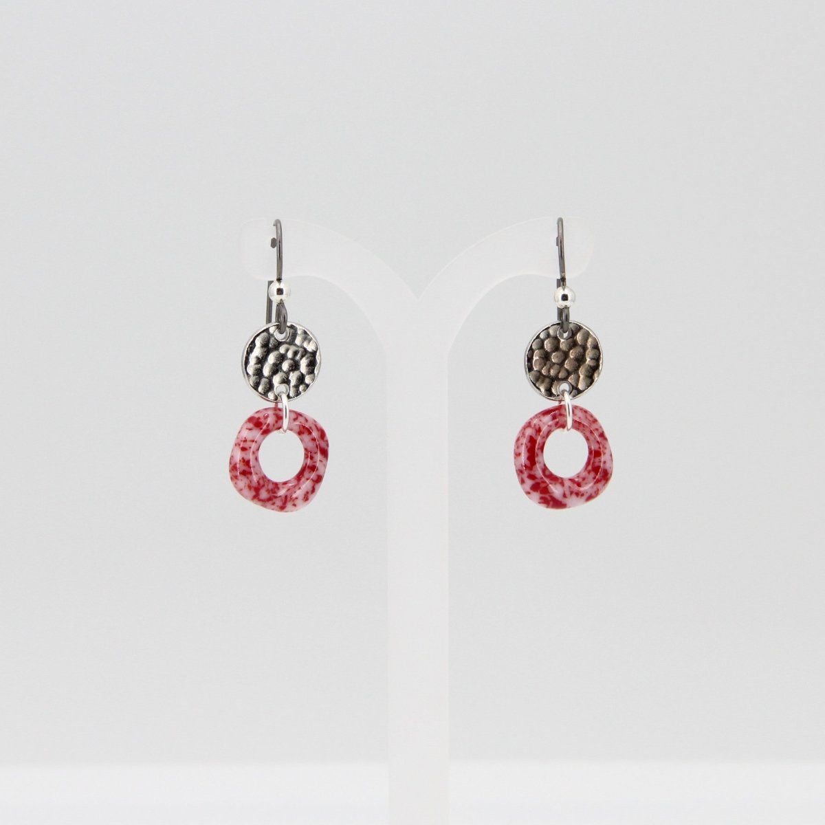 Red and White Glass Earrings with Circle Charms