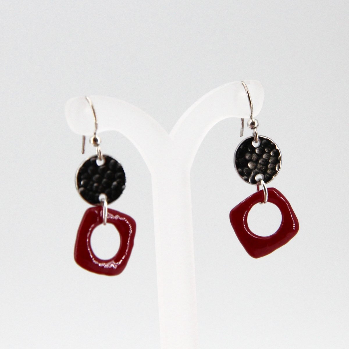 Red Glass Earrings with Round Silver Charm