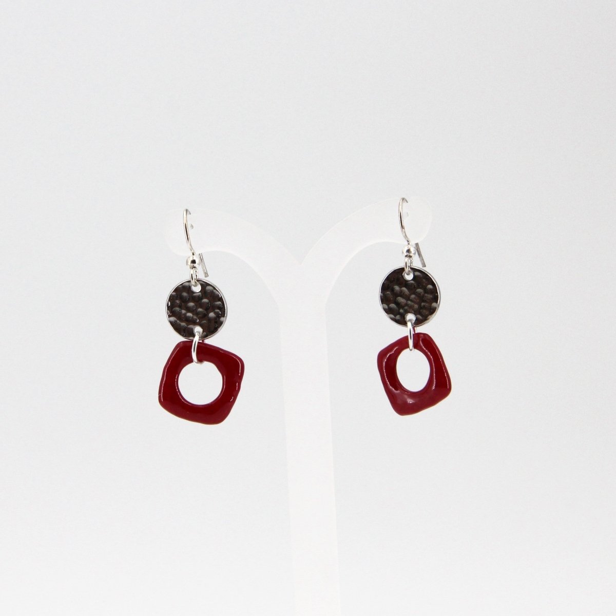 Red Glass Earrings with Round Silver Charm
