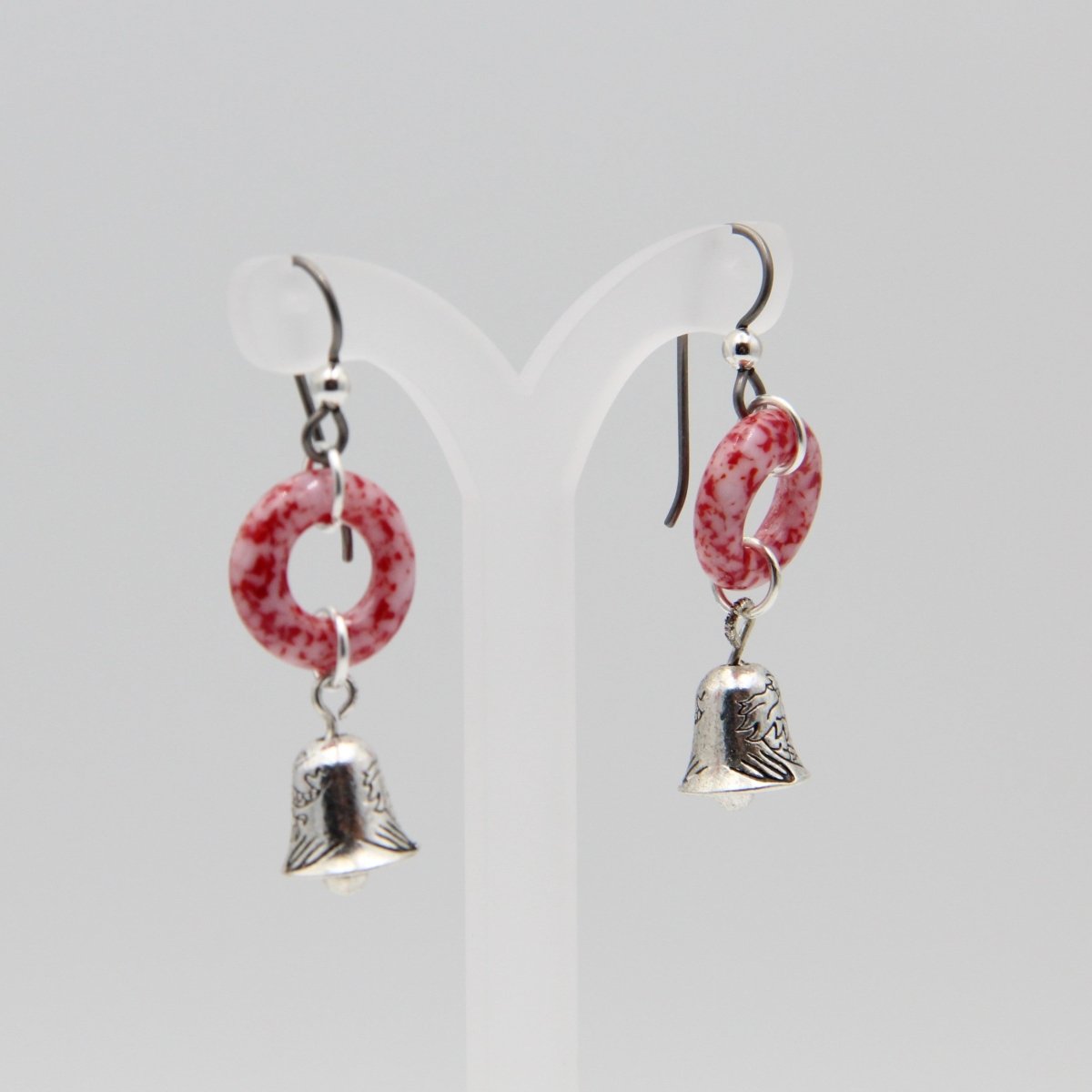 Red Glass Earrings with Silver Bell Charms