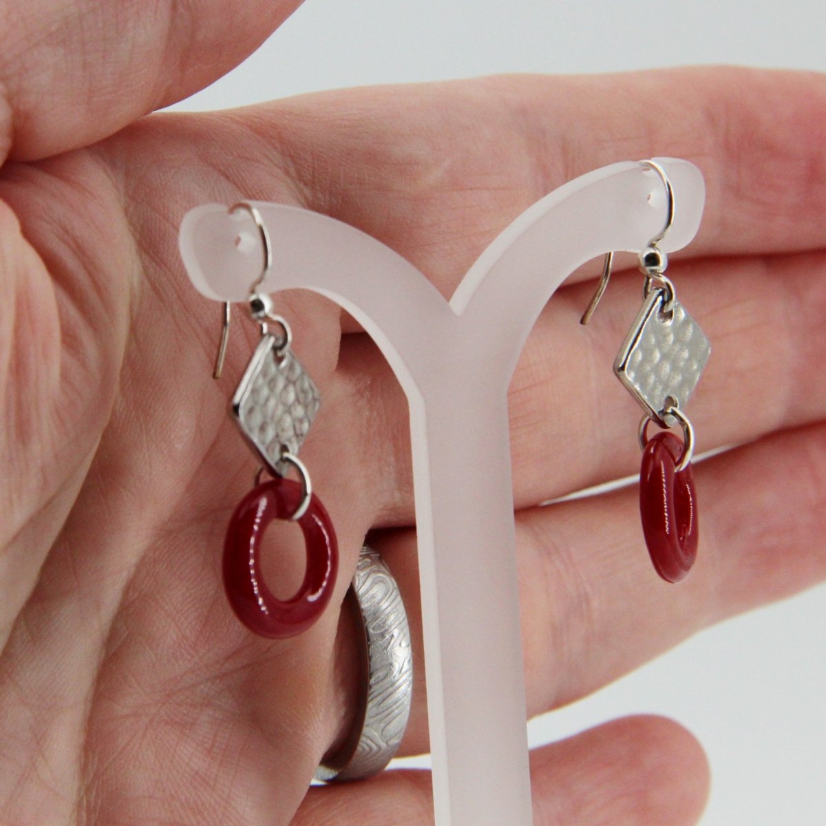 Red Glass Earrings with Silver Diamond Shaped Charm