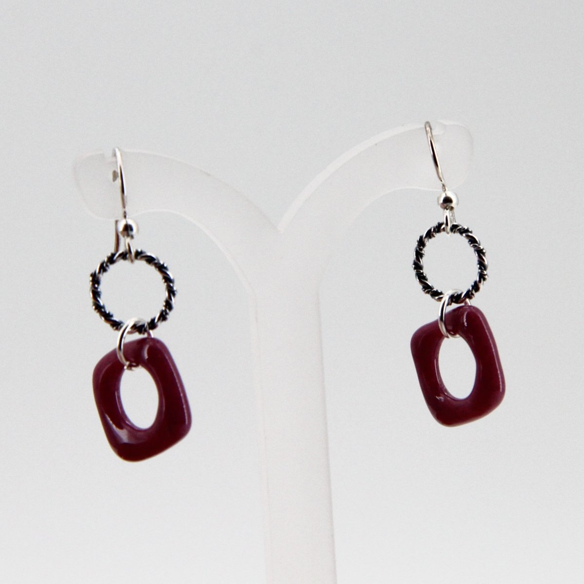 Red Glass Earrings with Silver Twisted Wire Circle