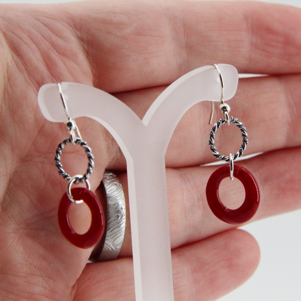 Red Glass Earrings with Silver Twisted Wire Circle