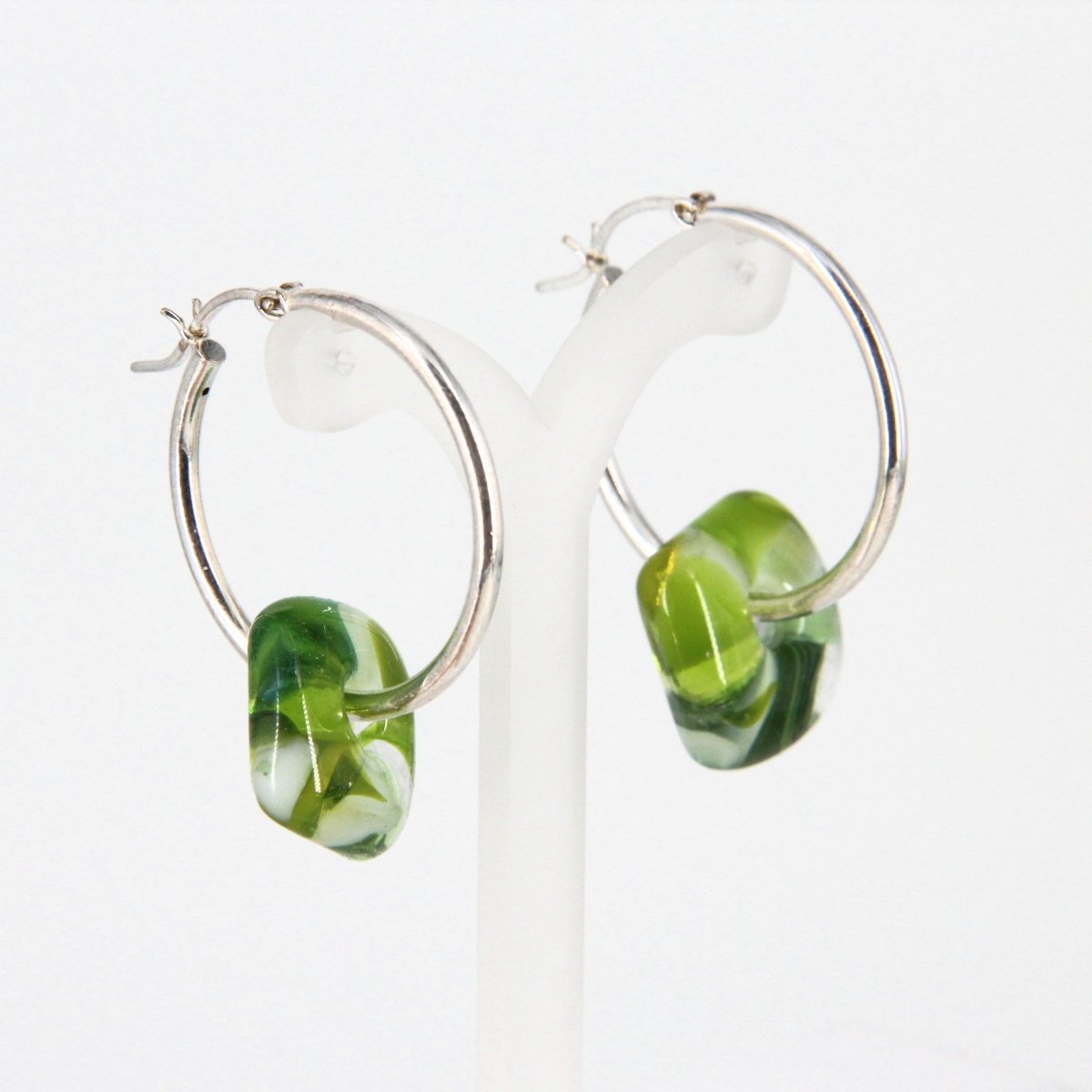 Silver Hoop Earrings with Green Glass Donuts