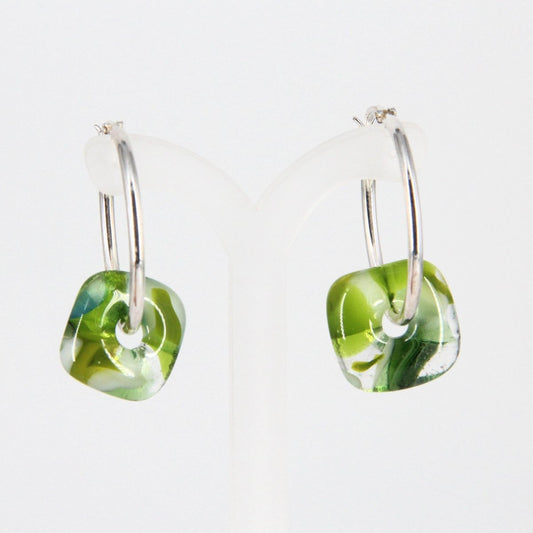 Silver Hoop Earrings with Green Glass Donuts