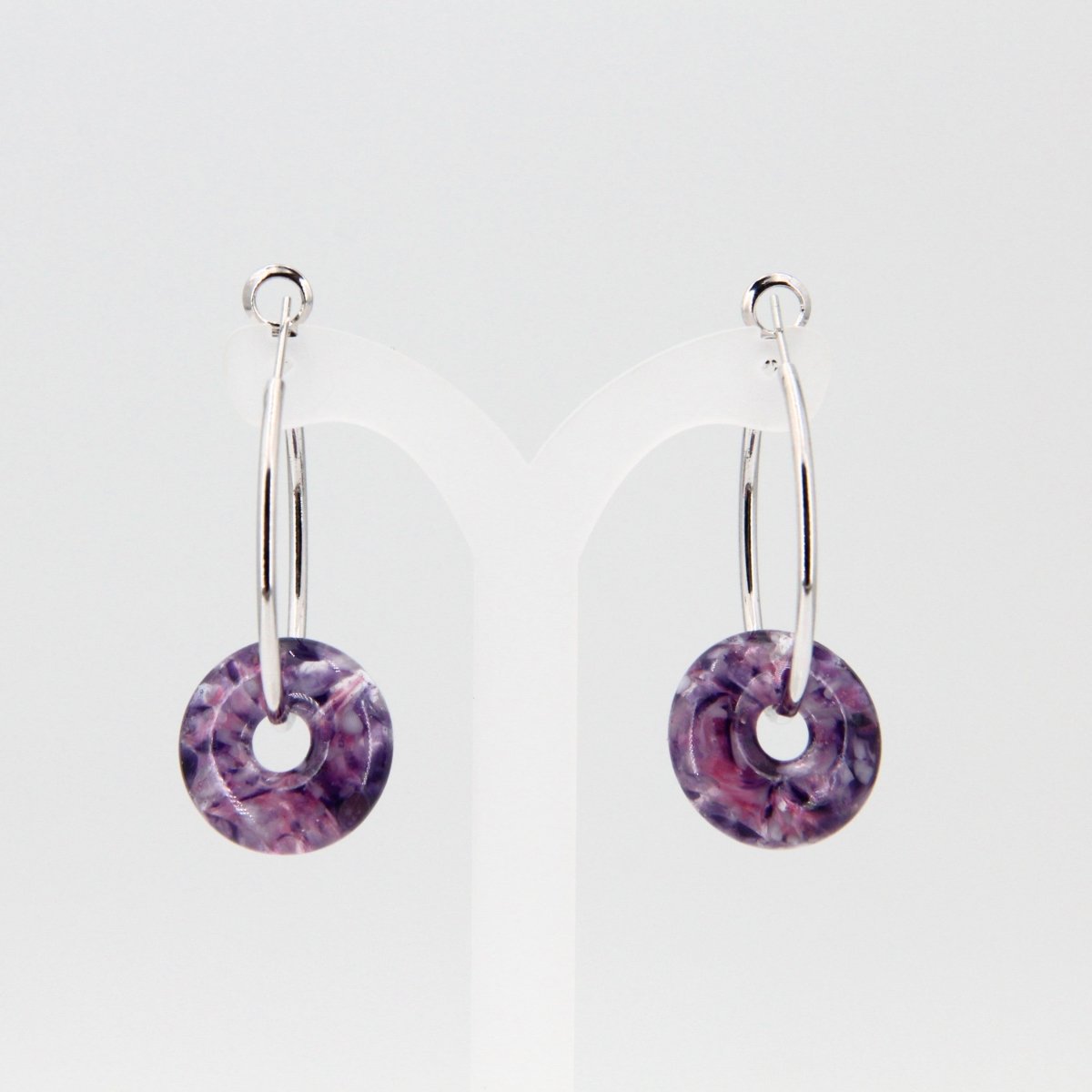 Silver Hoop Earrings with Purple Glass Donuts