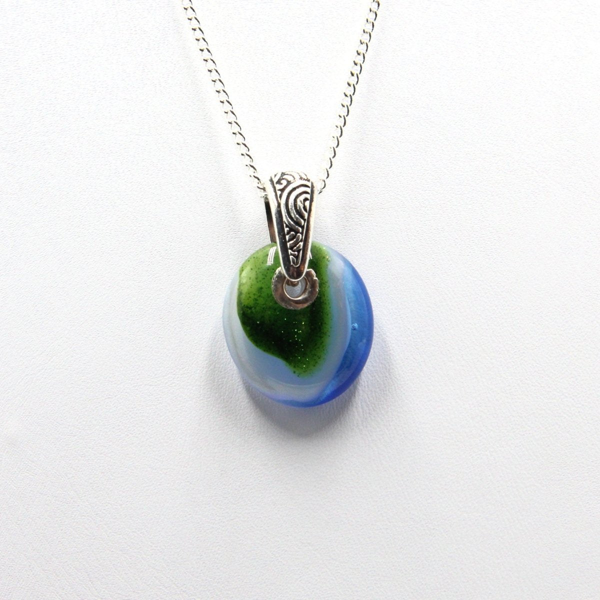 Small Blue and Green Glass Pendant with Silver Accents