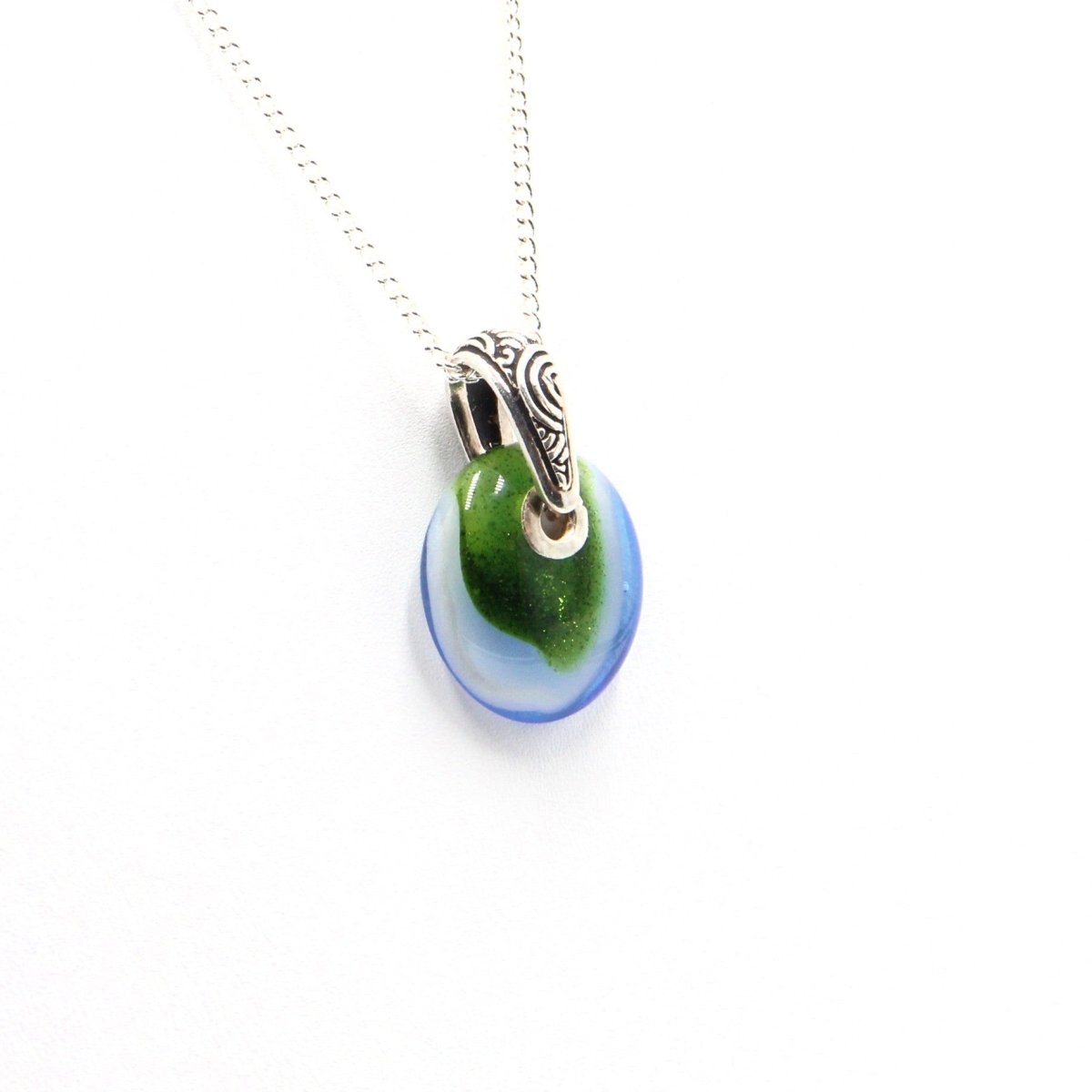Small Blue and Green Glass Pendant with Silver Accents