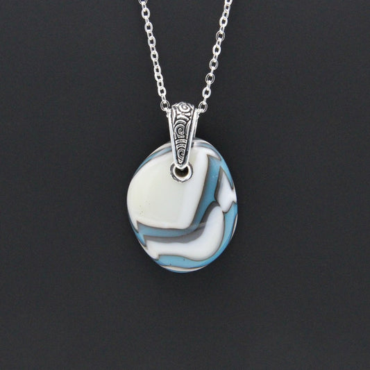 Turquoise and Ivory Glass Pendant with Silver Accents, Handmade Unique Glass Jewelry, Gift for Art Lover