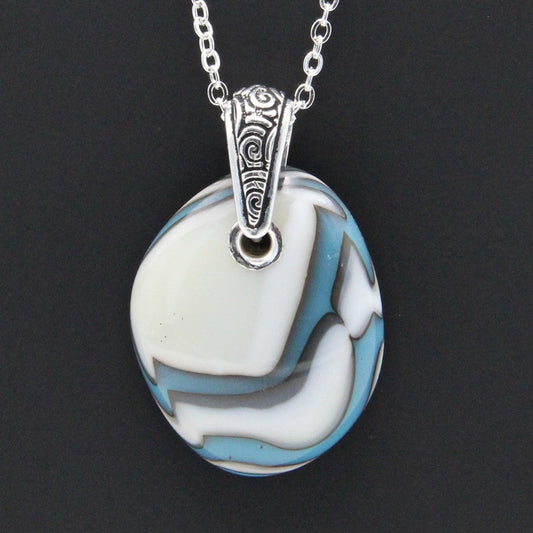 Turquoise and Ivory Glass Pendant with Silver Accents, Handmade Unique Glass Jewelry, Gift for Art Lover