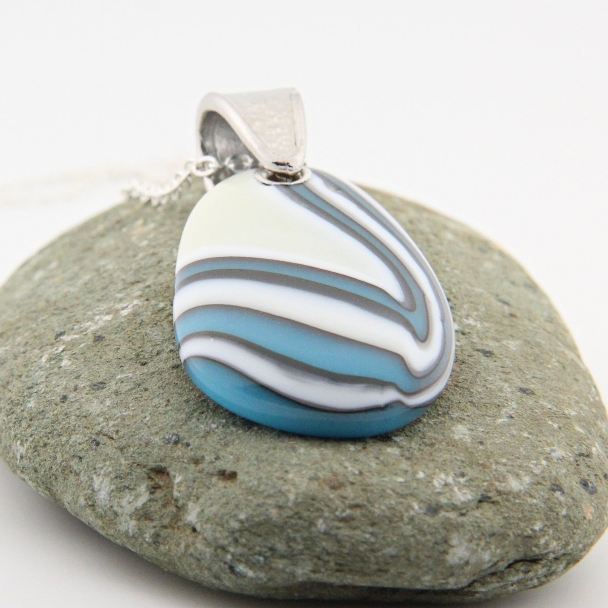 Turquoise and Ivory Glass Pendant with Silver Accents, Handmade Unique Glass Jewelry, Gift for Art Lover