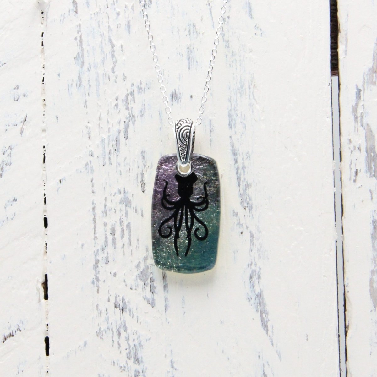 Turquoise and Purple Squid or Kraken Glass Pendant on a Silver Chain