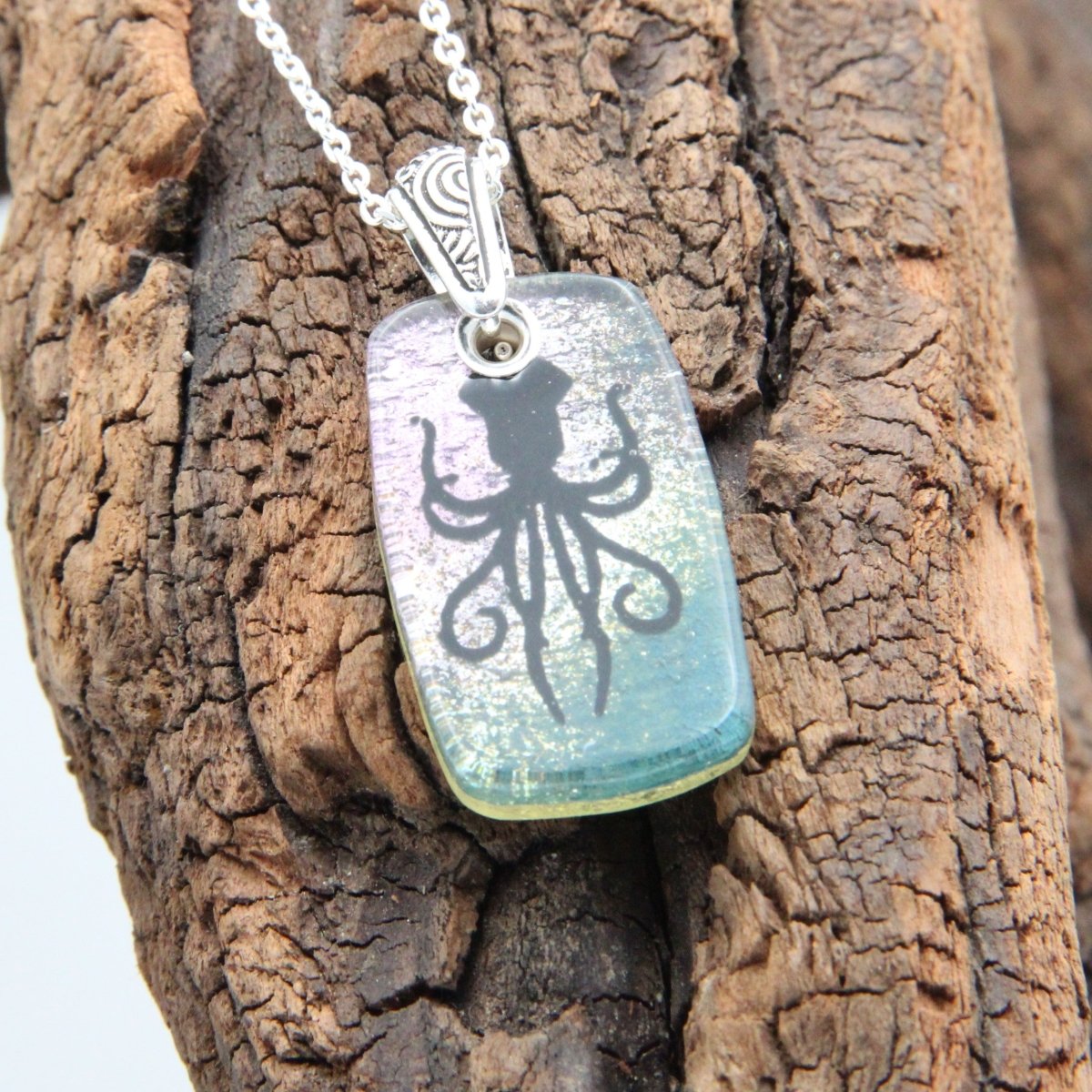 Turquoise and Purple Squid or Kraken Glass Pendant on a Silver Chain