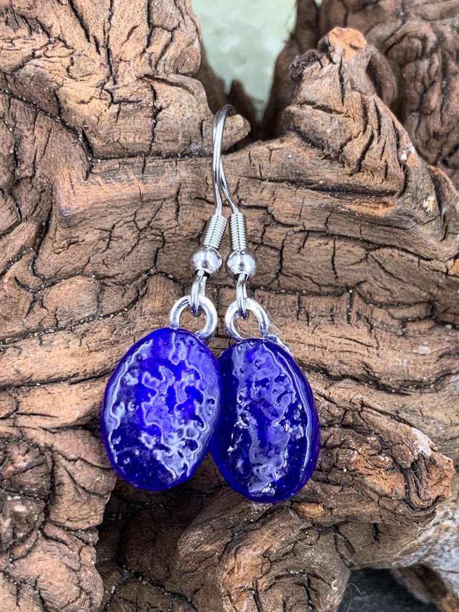 Upcycled Cobalt Blue Dangle Earrings, Recycled Glass, Gift for Wine Lover, Glass Bottle Art