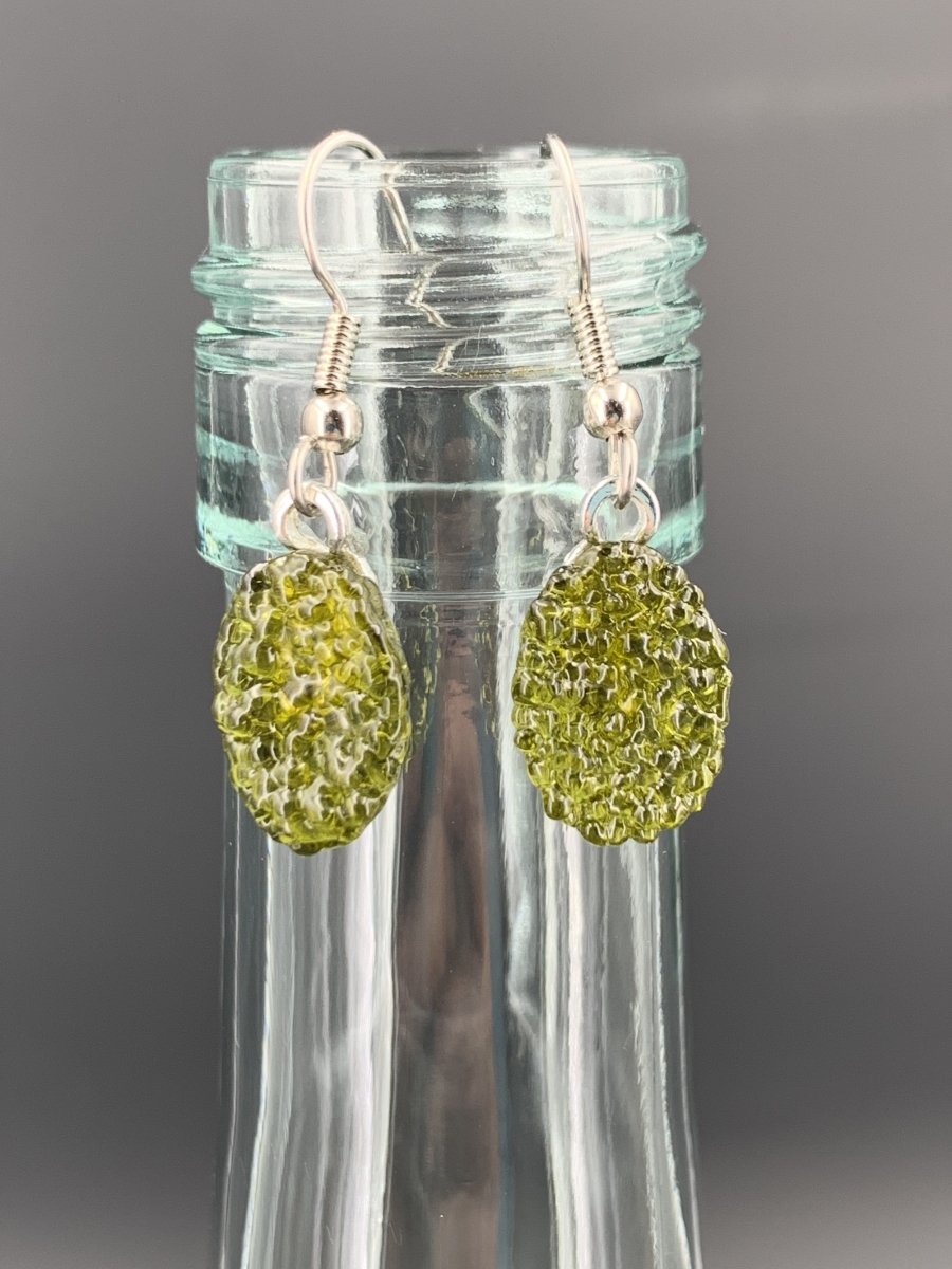 Upcycled Dark Green Dangle Earrings, Recycled Glass, Gift for Wine Lover, Glass Bottle Art
