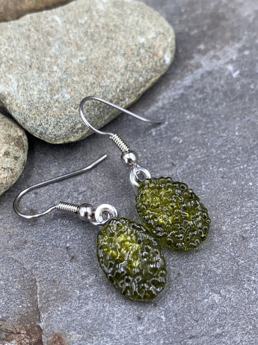 Upcycled Dark Green Dangle Earrings, Recycled Glass, Gift for Wine Lover, Glass Bottle Art