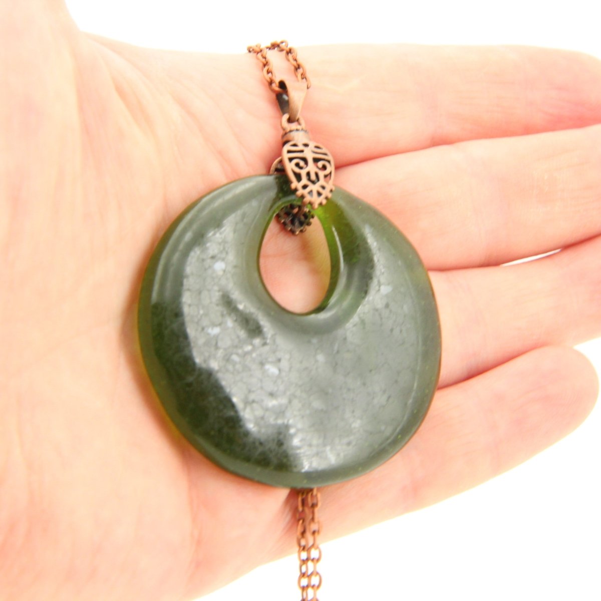 Upcycled Dark Green Statement Necklace, Recycled Glass Pendant