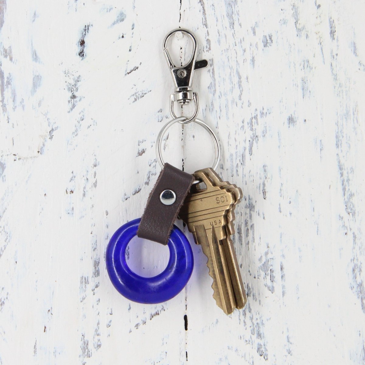 Upcycled Glass and Leather Keychain