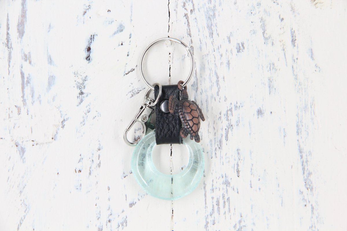 Upcycled Glass and Leather Keychain with a Turtle Charm