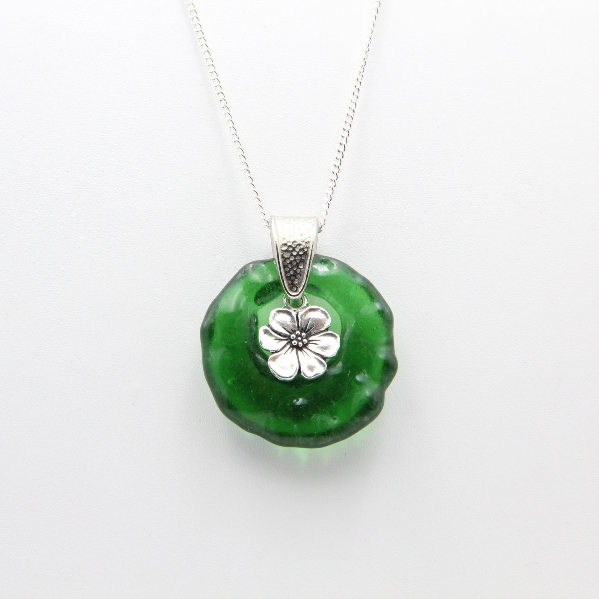 Upcycled Green Donut Necklace, Recycled Wine Bottle Glass Pendant with Flower Charm