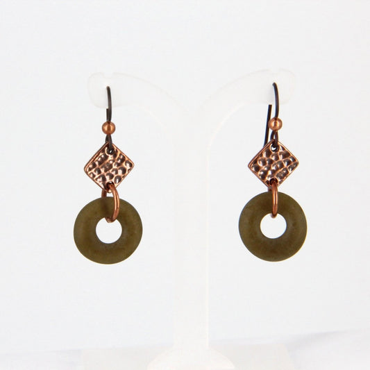 Upcycled Green Glass and Copper Dangle Earrings