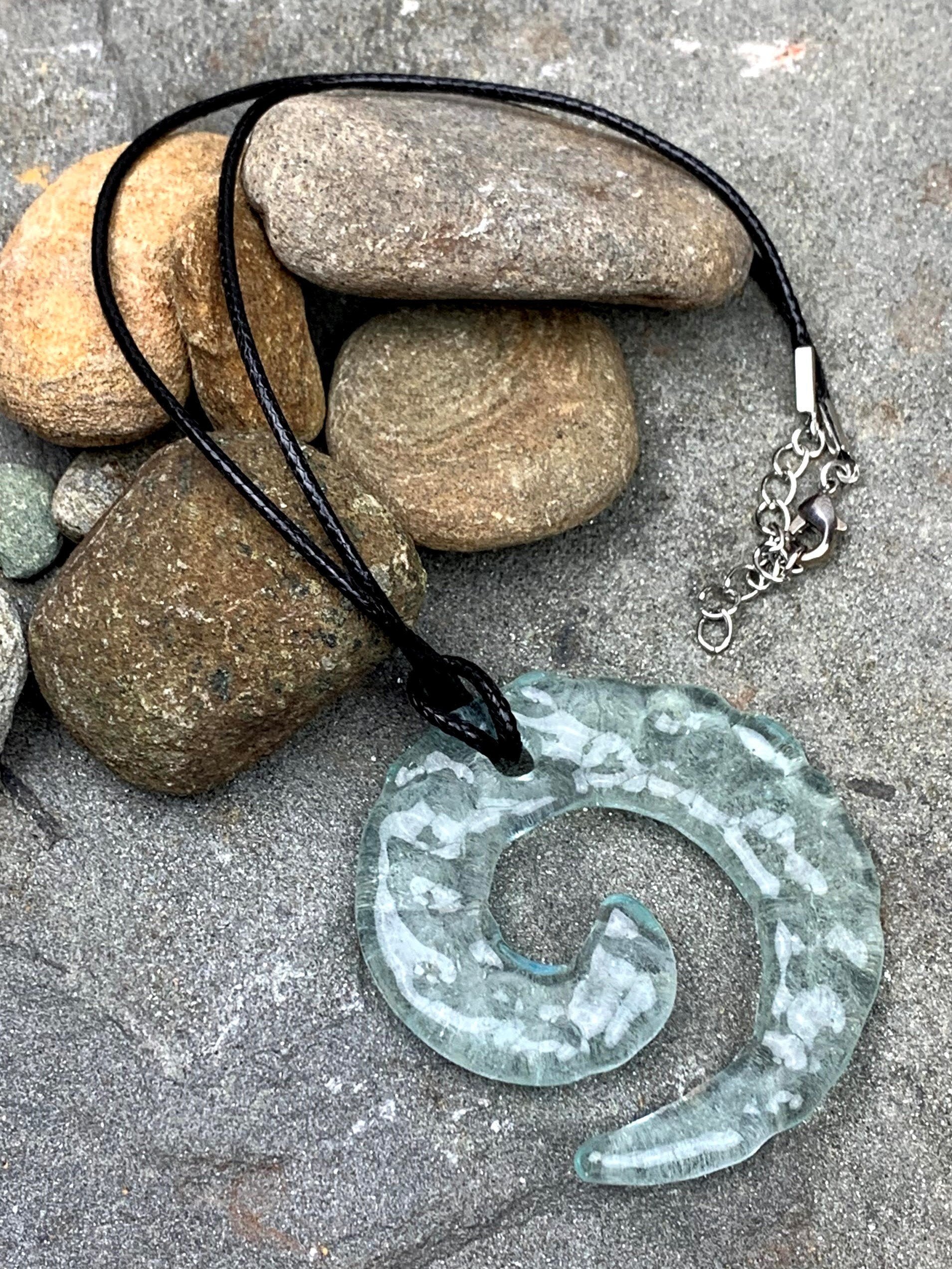 Upcycled Wine Bottle Jewelry, Aqua Spiral Statement Pendant Necklace, Recycled Glass, Gift for Wine Lover, Glass Bottle Art
