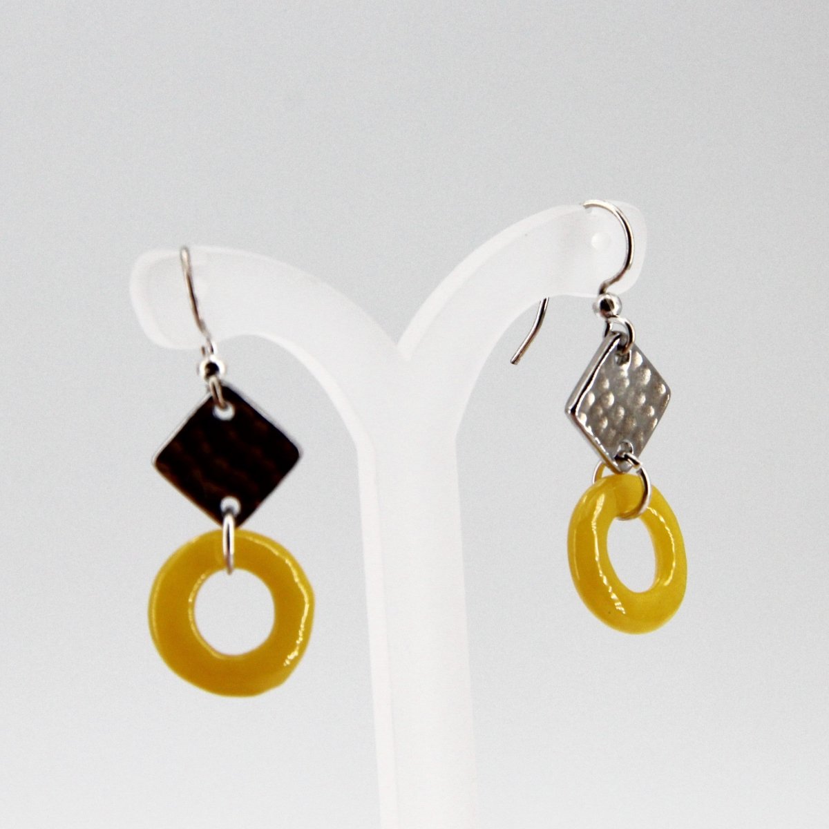Yellow Glass Earrings with Silver Diamond Shaped Charm